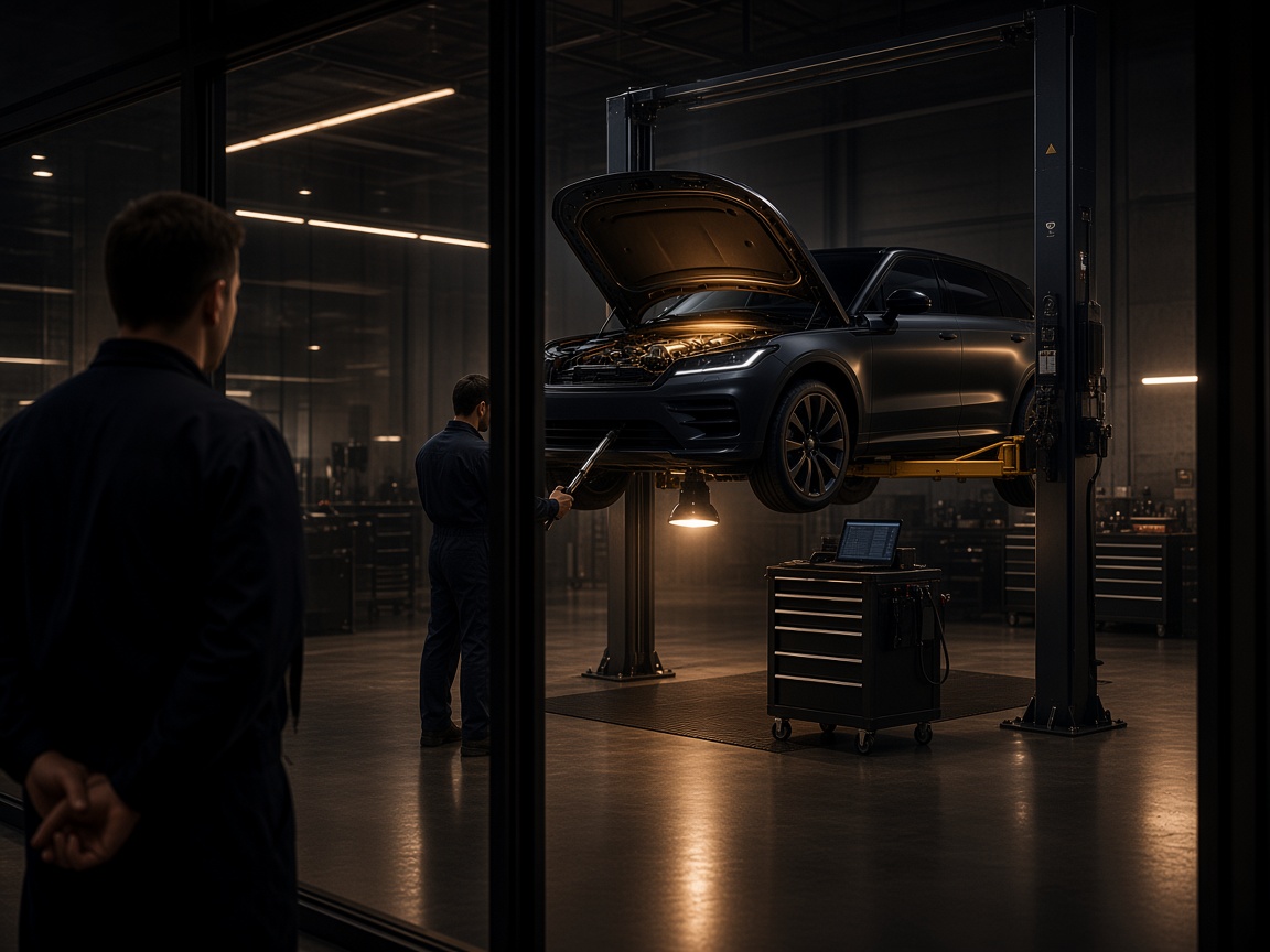 A customer watching from the waiting area through the glass as a technician works on their raised car
