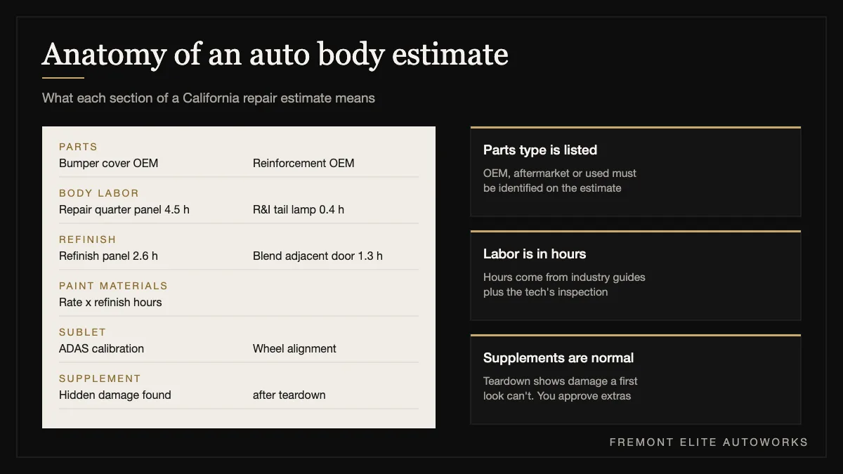 Diagram of the main sections of an auto body repair estimate