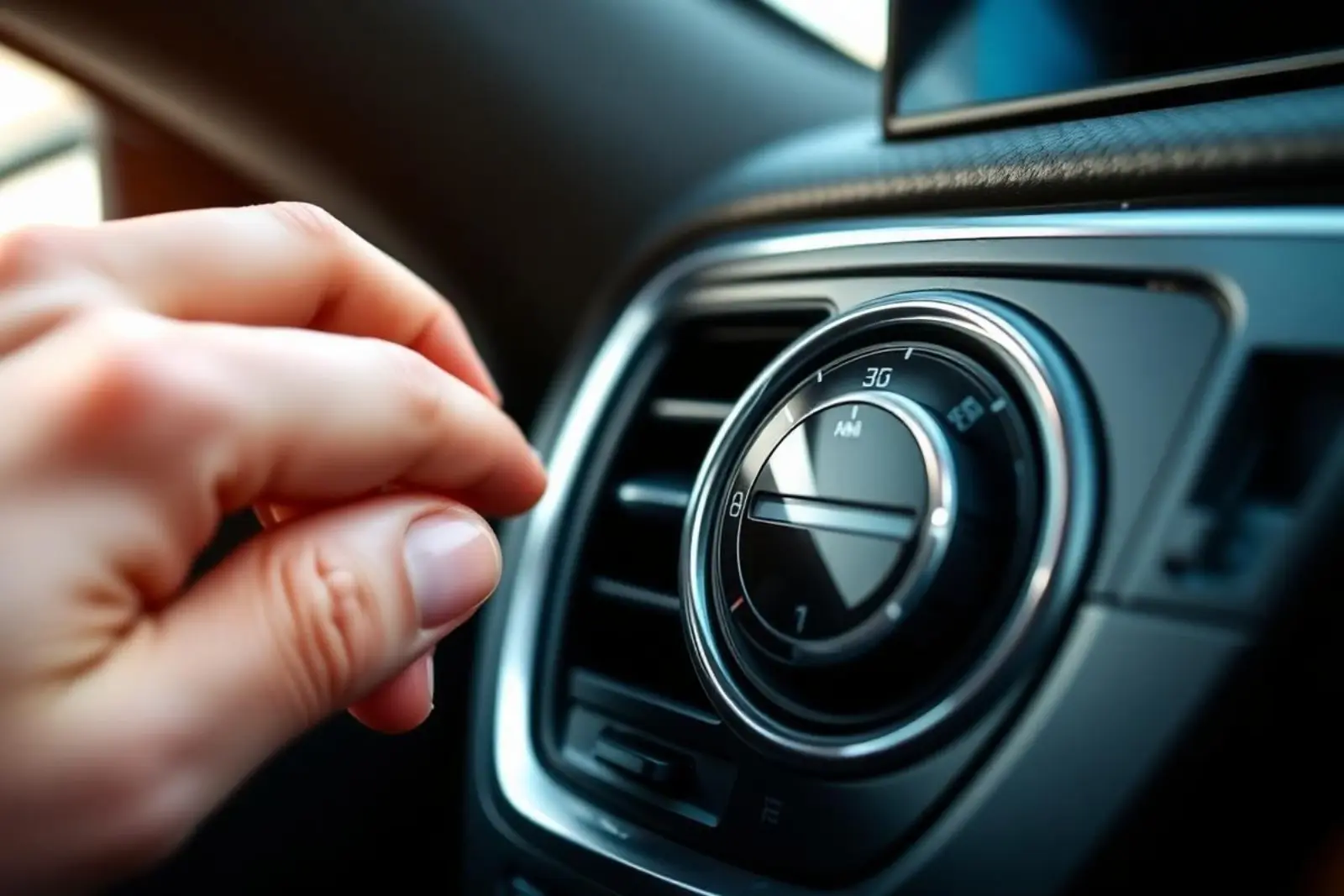 Hand adjusting a car air conditioning vent and dial