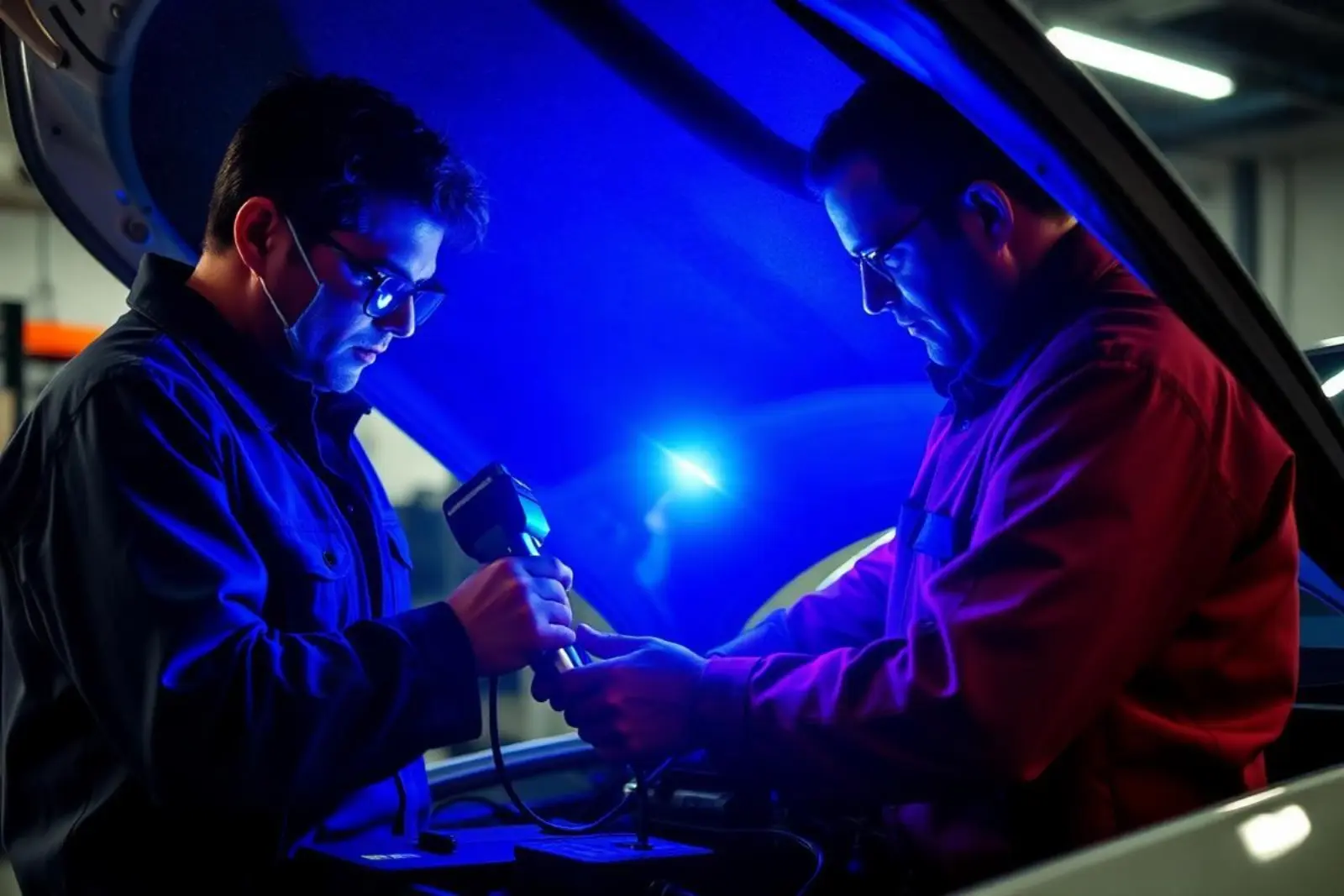 Technicians using a UV light to find an A/C refrigerant leak under a hood
