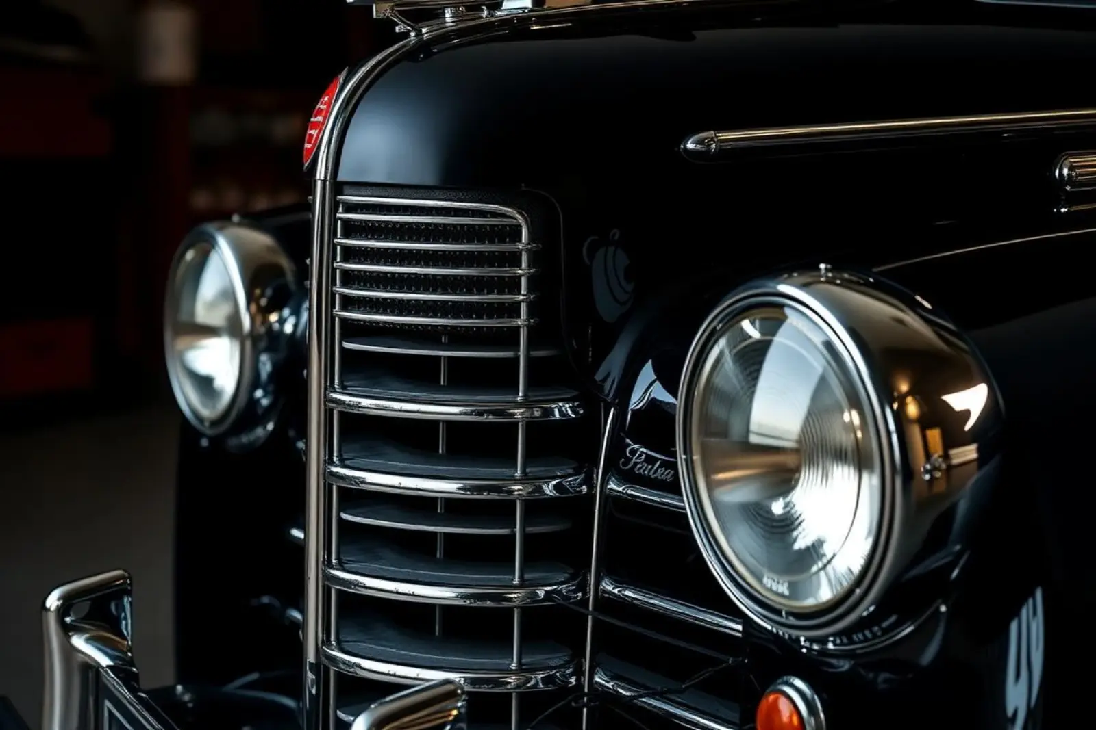 Chrome grille and headlight of a restored vintage car