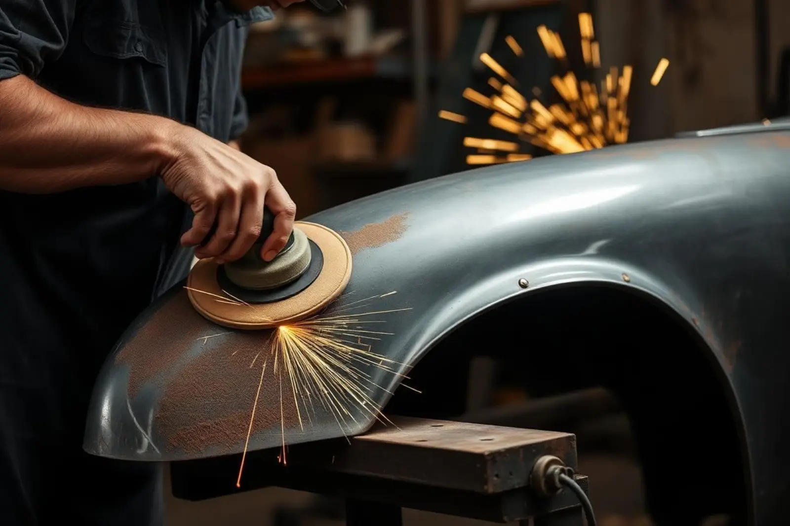 Grinder throwing sparks on a classic car fender during metal repair