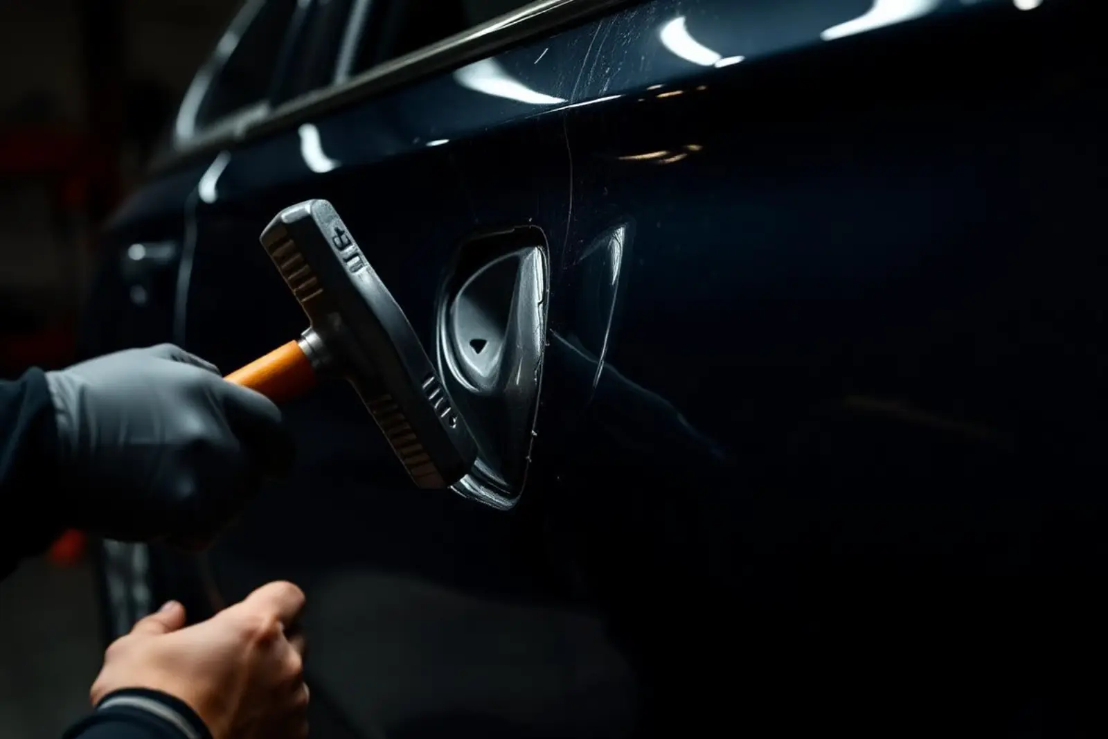 Technician using a dent tool on a dark car door panel