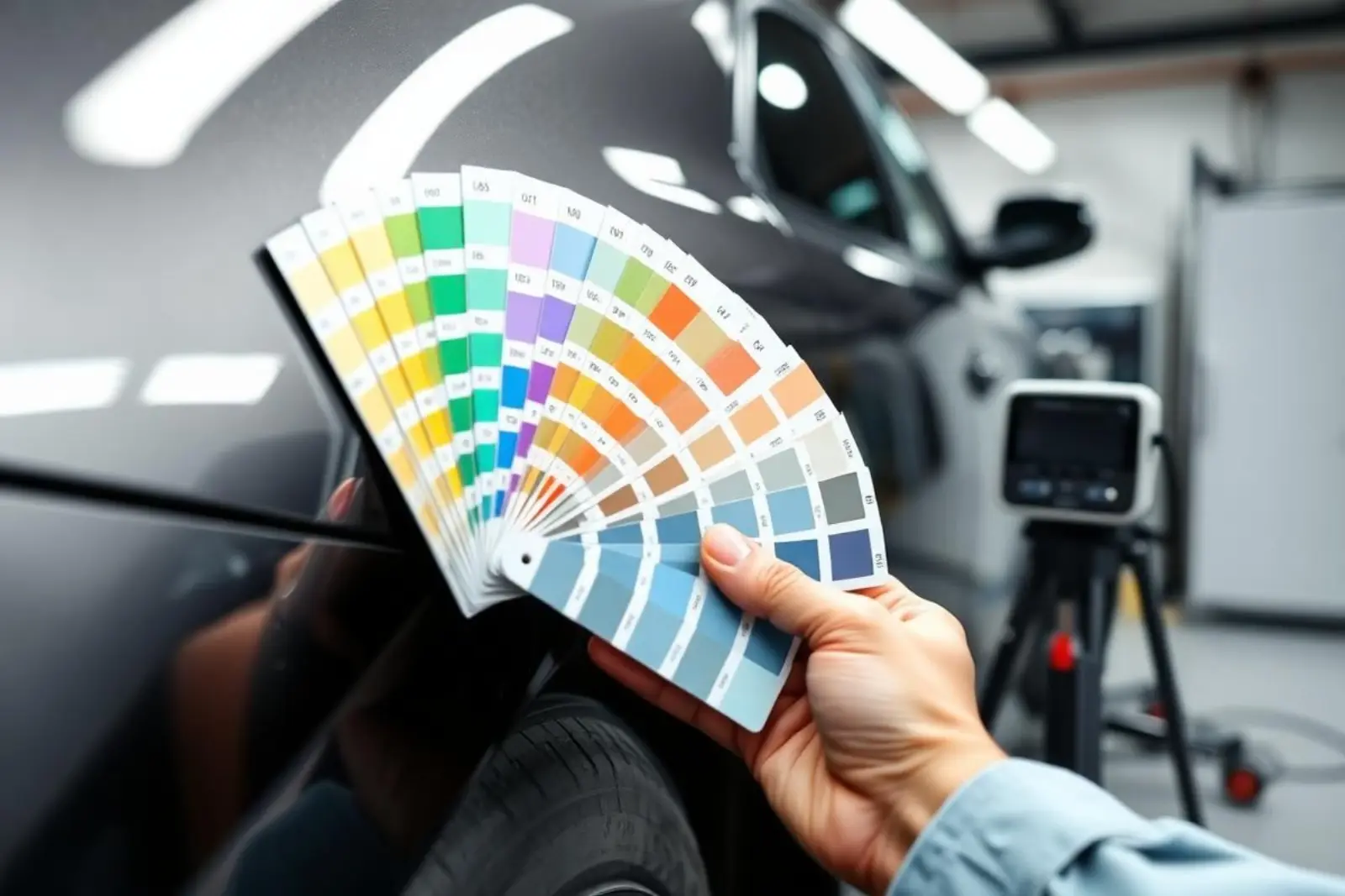 Paint color fan deck held up against a car body panel