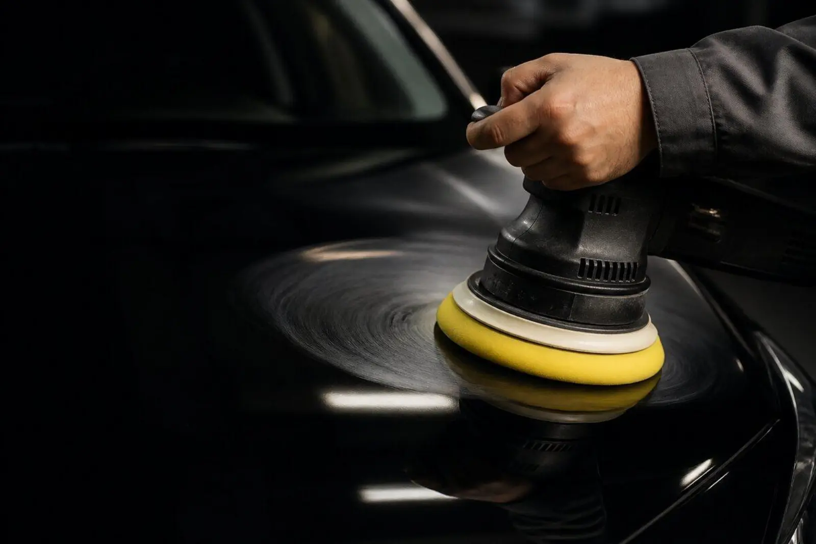 Polisher buffing a freshly painted dark car panel