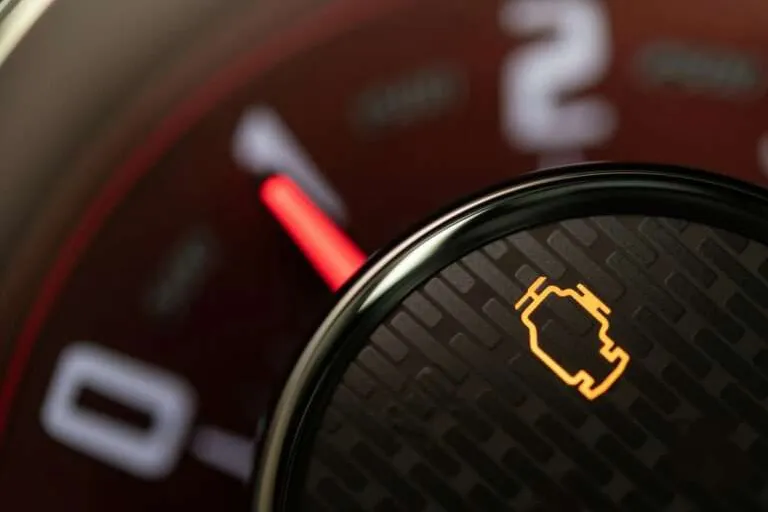 Amber check engine light illuminated on a car instrument cluster