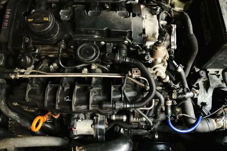 Engine bay showing wiring harnesses and electrical connectors