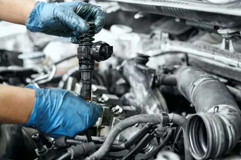 Technician in gloves removing an ignition coil from an engine